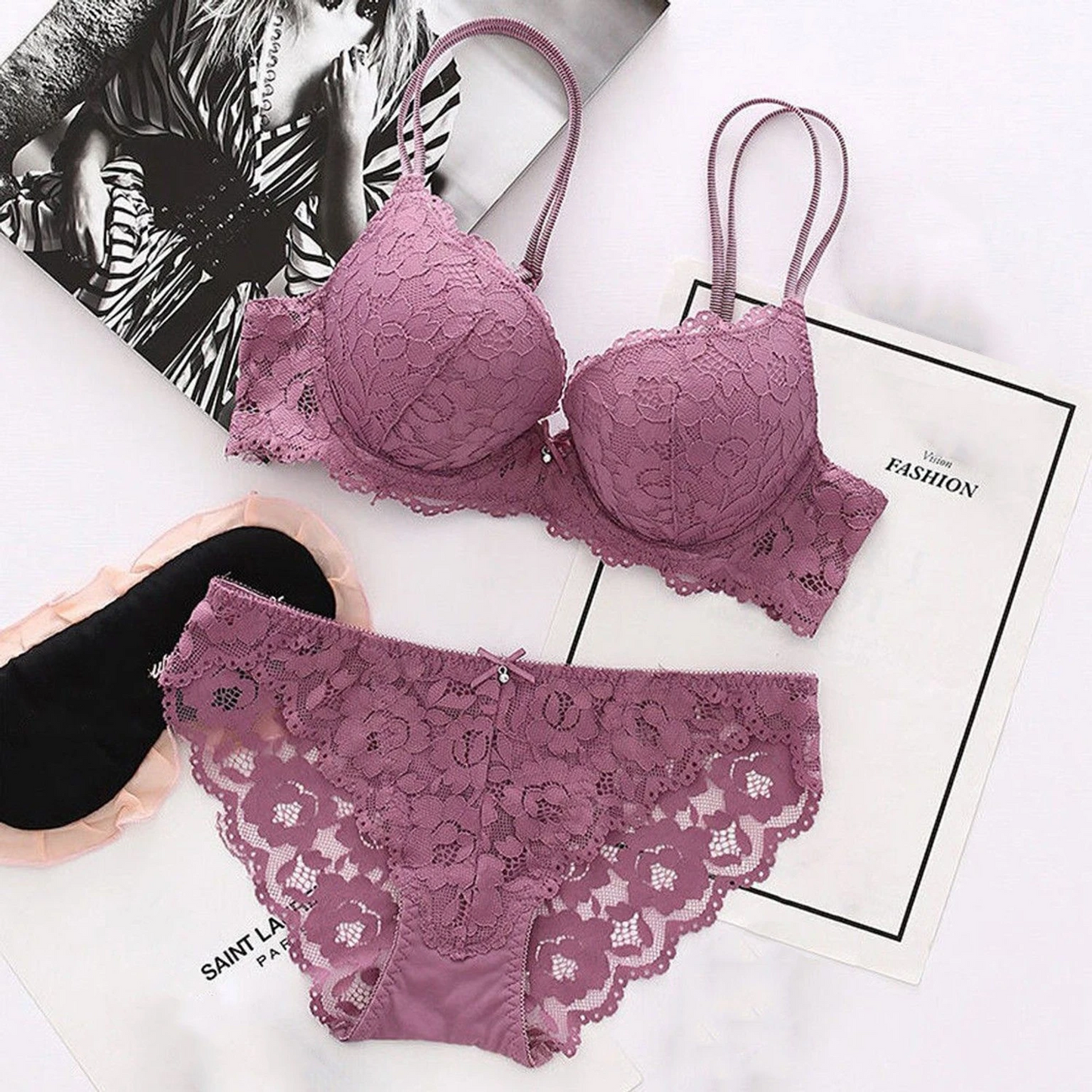 Lavender Floral Lace Padded Lingerie Set