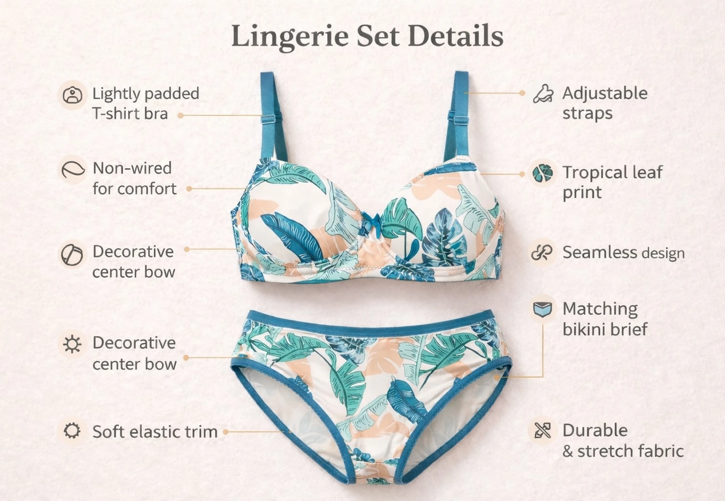 Tropical Leaf Print Padded Bra & Panty Set