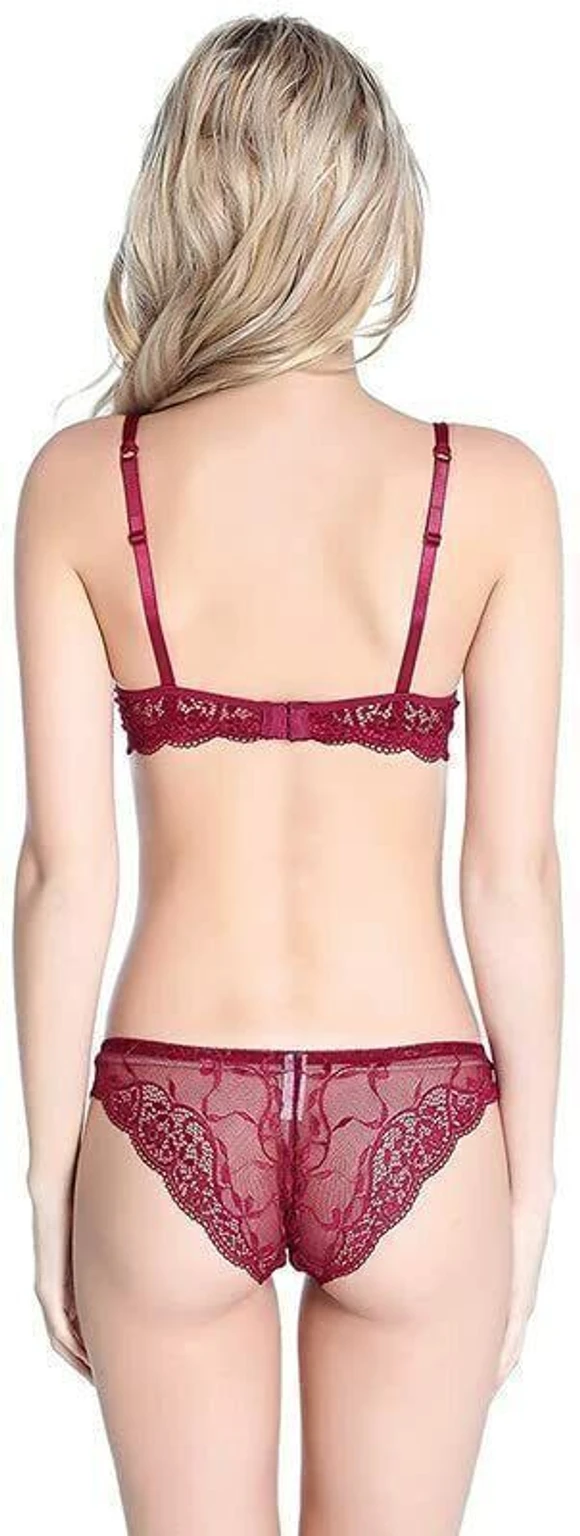 Premium Maroon Floral Lace Padded Underwired Bra & Panty