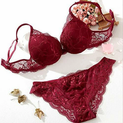 Premium Maroon Floral Lace Padded Underwired Bra & Panty