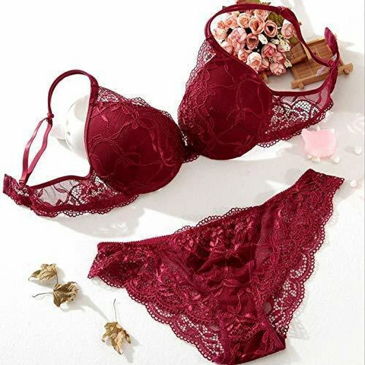 Premium Maroon Floral Lace Padded Underwired Bra & Panty