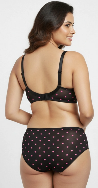 Black Heart Print Padded Bra & Panty Set