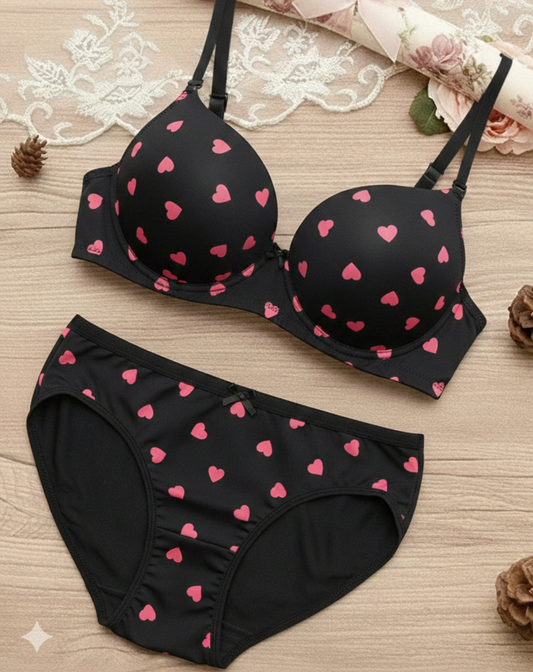 Black Heart Print Padded Bra & Panty Set